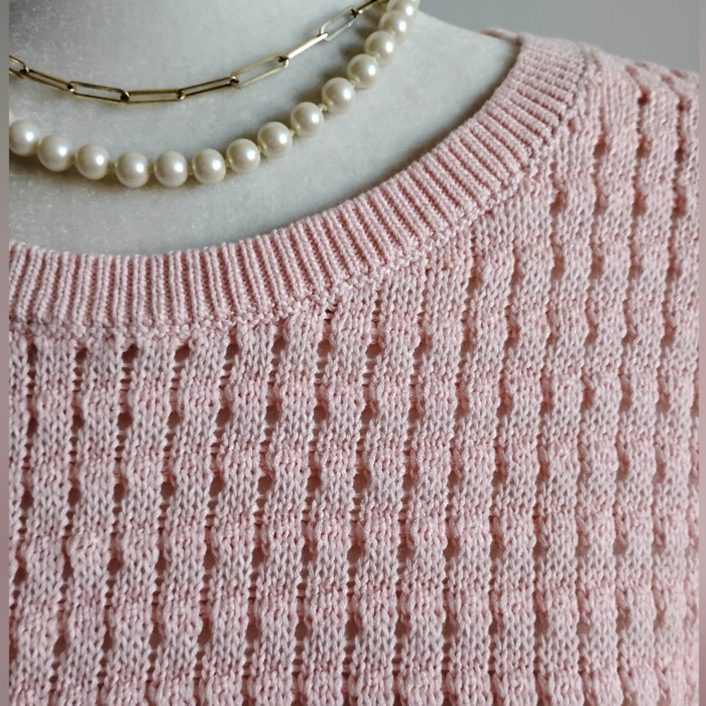 Talbots Cotton Blend Basket Weave Knit 3/4 Sleeve Pastel Pink Sweater Sz Medium - Picture 3 of 17